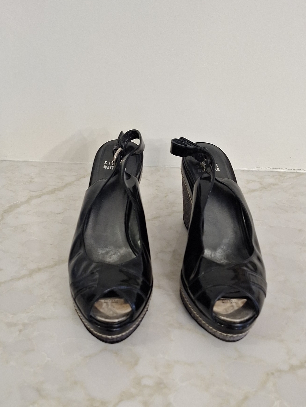 Stuart Weitzman Black Patent Peep-Toe Slingback Wedges